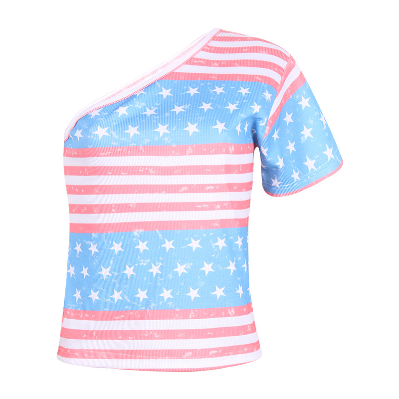 camiseta de manga corta con un hombro oblicuo y estampado de estrellas a rayas NSZH62872