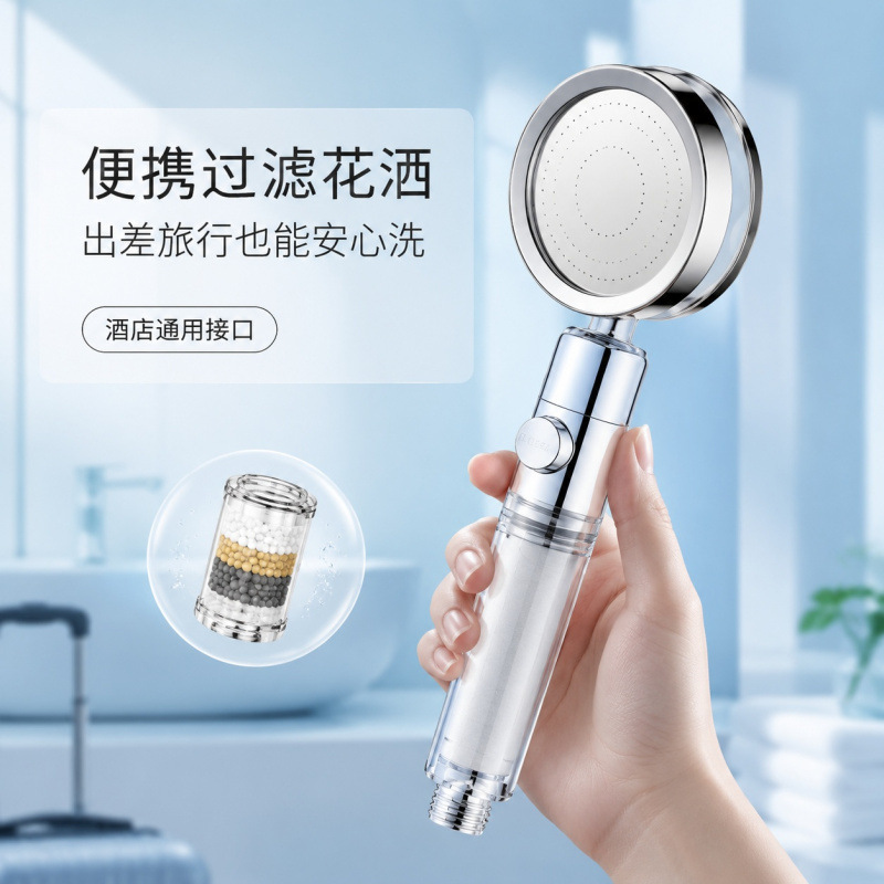Portable disposable pressurized shower head for travel, suitable for hotels, with a useful water purification and filtration system Portable disposable pressurized shower head for travel, suitable for hotels, with a useful water purification and filtration system