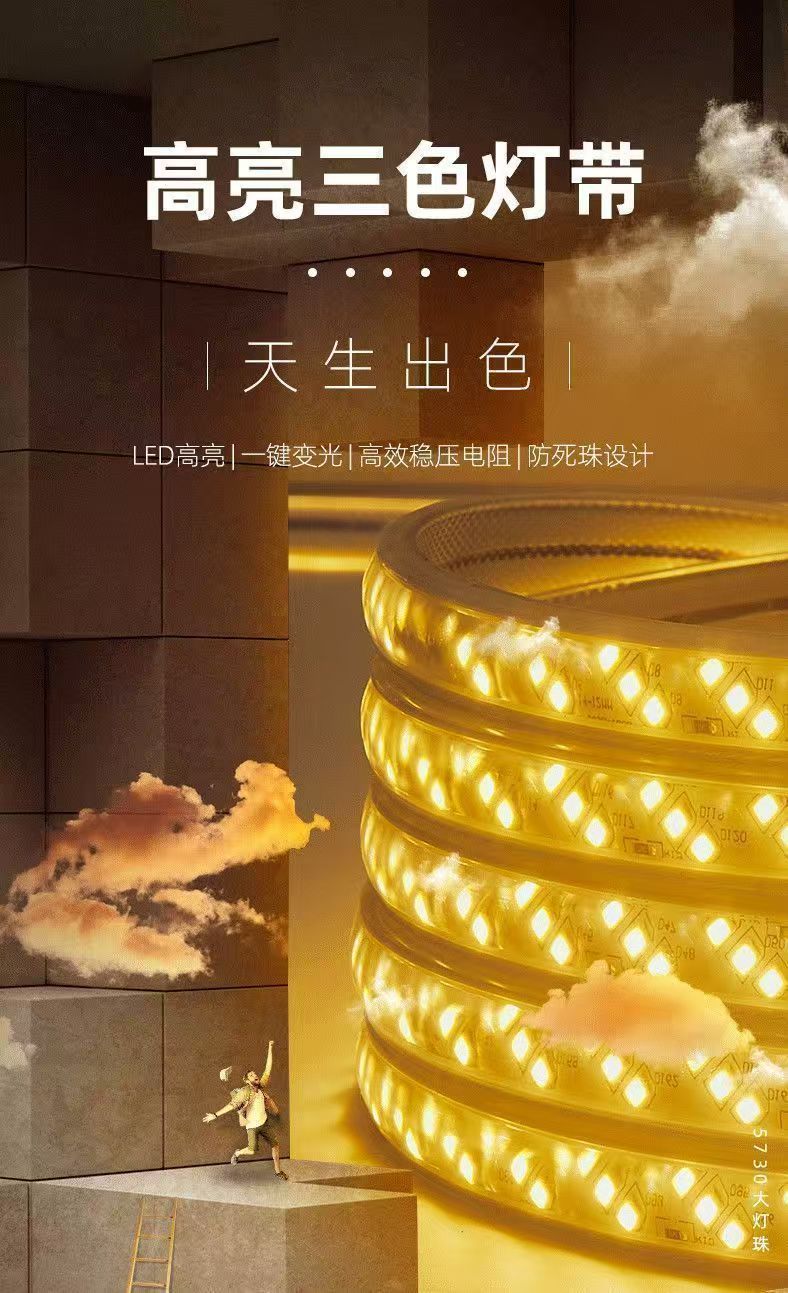 led灯带5370三色变光高压220V防水室内吊顶超亮双排七彩柔性灯条