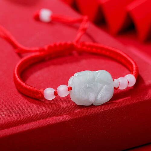 Year of the Zodiac Red Rope Bracelet Jade Jade Lucky Pixiu Bracelet Men and Women Flower Blossom Wealth Red Rope Safety Buckle
