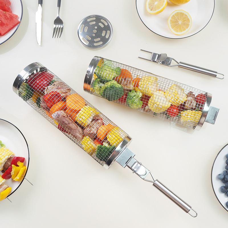 Barbacoa jaula Barbacoas Acero inoxidable laminado tubo barbacoa red ahumado barbacoa ronda Amazon parrilla cesta de hornear