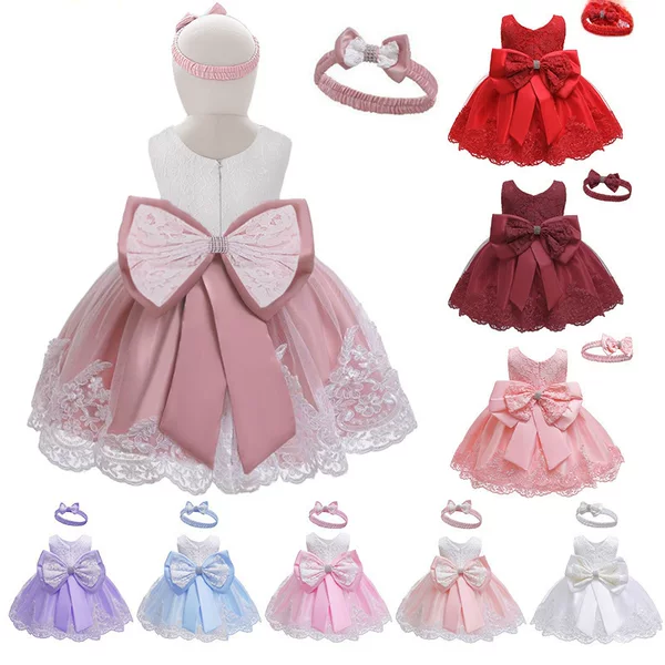 New Children's Dress Lace Color Matching Baby One-Year-Old Dress Bow Princess Evening Dress Wholesale