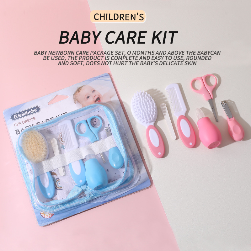Juego de cuidado del bebé, cortaúñas, aspirador nasal, bolsa de tela con tarjeta, juego de seis piezas, combinación de cepillo de descalcificación para recién nacidos