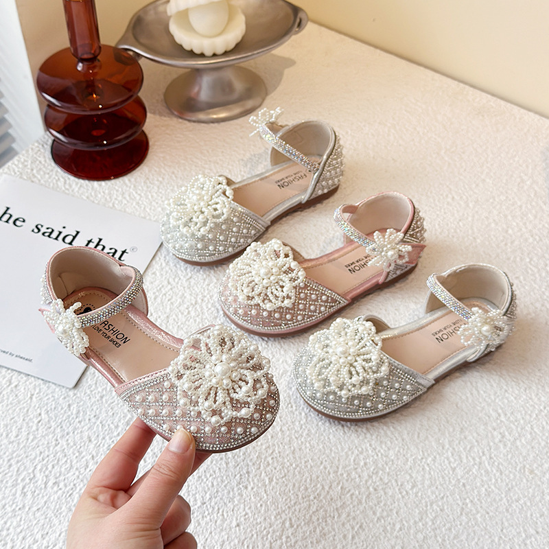 Girls Pearl Princess Sandals Spring and Summer New Style Small and Medium-Sized Girls Bow Performance Shoes Breathable Baotou Sandals