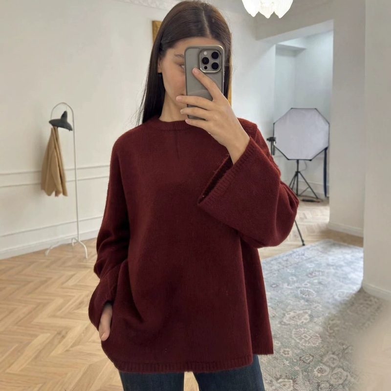 Foreign Trade Autumn and Winter New Simple Candy Color Color Thick Warm Round Neck Knitted Pullover Women's Loose plus size Top
