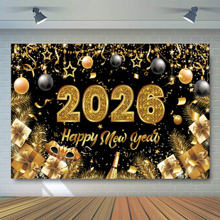 New Outdoor 2026 Happy New Year Black Gold Party Decoration Scene Atmosphere Photo Props Supplies Banner