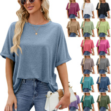 亚马逊独立站2025欧美跨境夏季新款圆领纯色短袖宽松休闲大码T恤