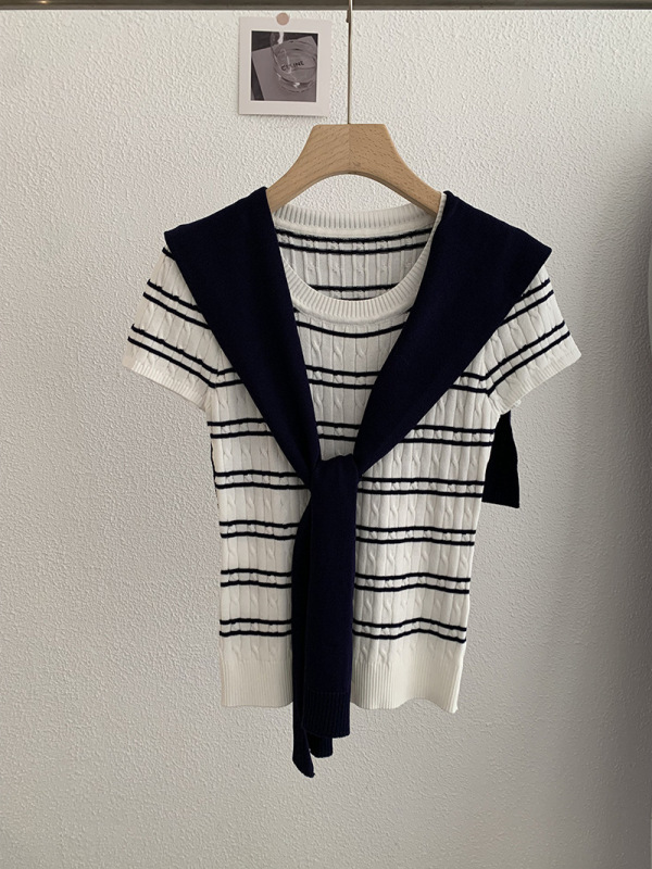 Omalai コントラストカラーラウンドネックストライプポニー刺繍クールシルク半袖セータートップとショール付き女性用 3847|undefined