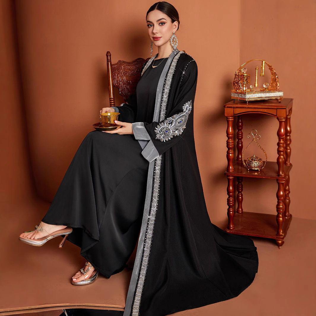 ZF4152 MUSILIM Plus Size Morgenmantel, handbestickt mit Blumenmuster und Strasssteinen, ABAYA, orientalische Damenmode_voghion.com