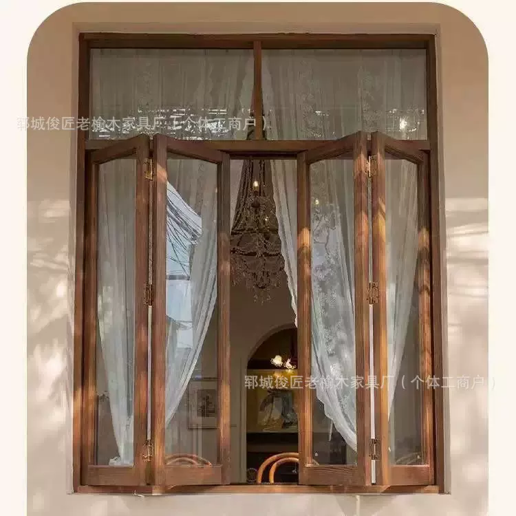 老榆木推拉窗民宿左右折叠窗框架中式甜品咖啡花店推拉实木门窗架
