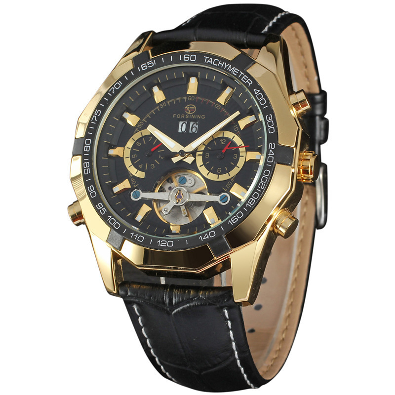 Forsining hombres moda casual gran dial Tourbillon reloj mecánico automático calendario semana reloj