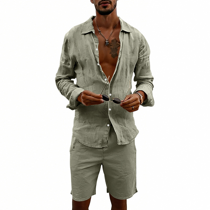Herren-Sommerurlaubs-Freizeithemd im amerikanischen Stil, Leinen, locker, langärmelig, mit Knopfleiste, Cardigan, Badeshorts-Anzug_voghion.com