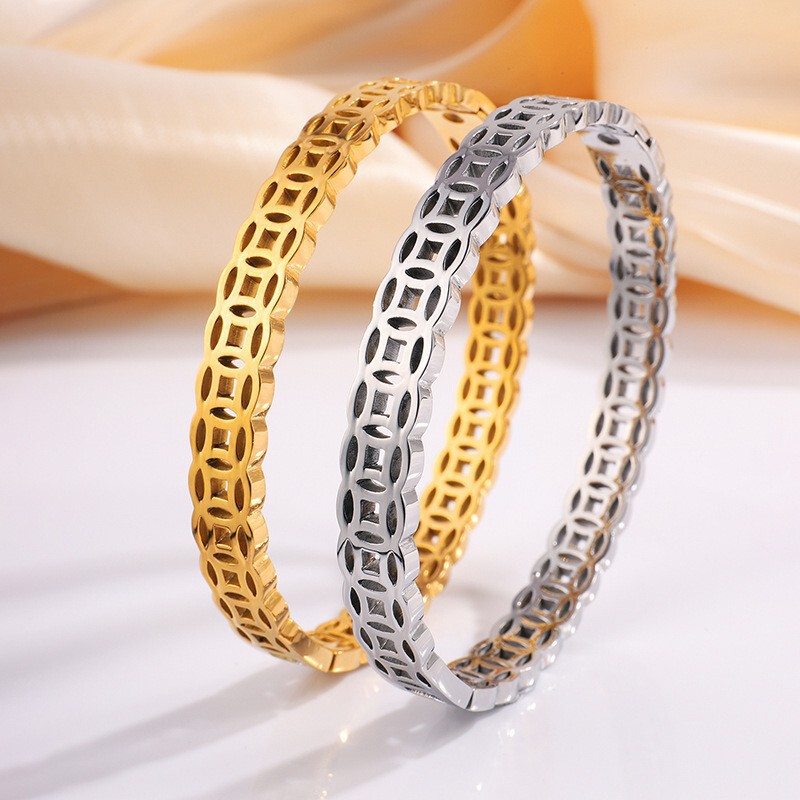 Stainless Steel Chinese Style Hollow-out Bronze Money Bracelet Women's High-end Style Retro Bracelet