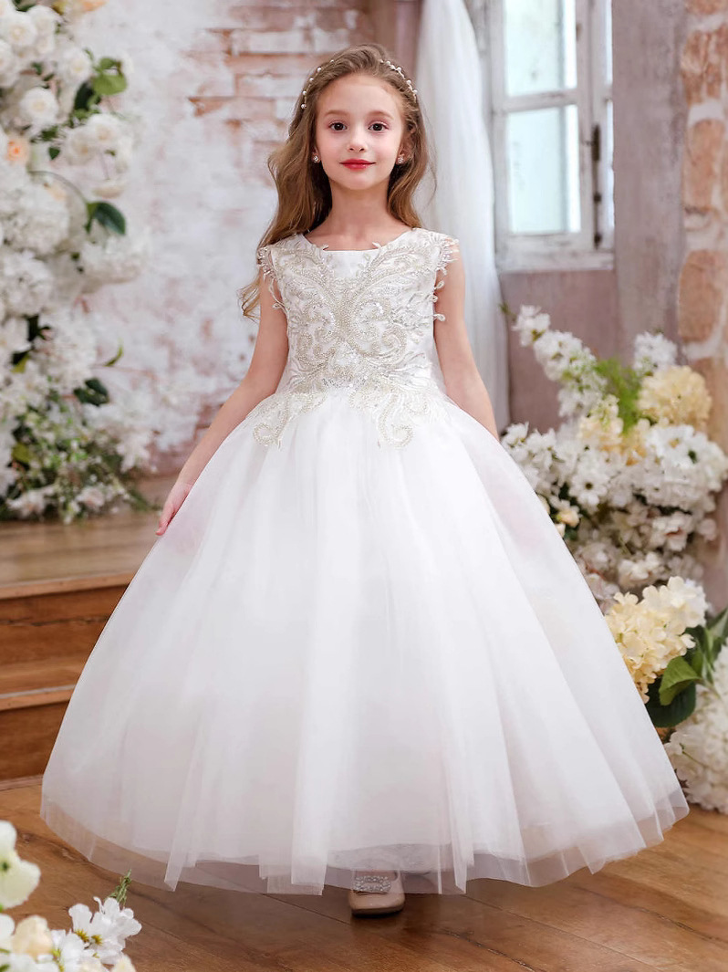 Comercio exterior transfronterizo de Europa y América ropa infantil cinturón de encaje completo taladro sin mangas champán flores de champán vestido de novia de niñas