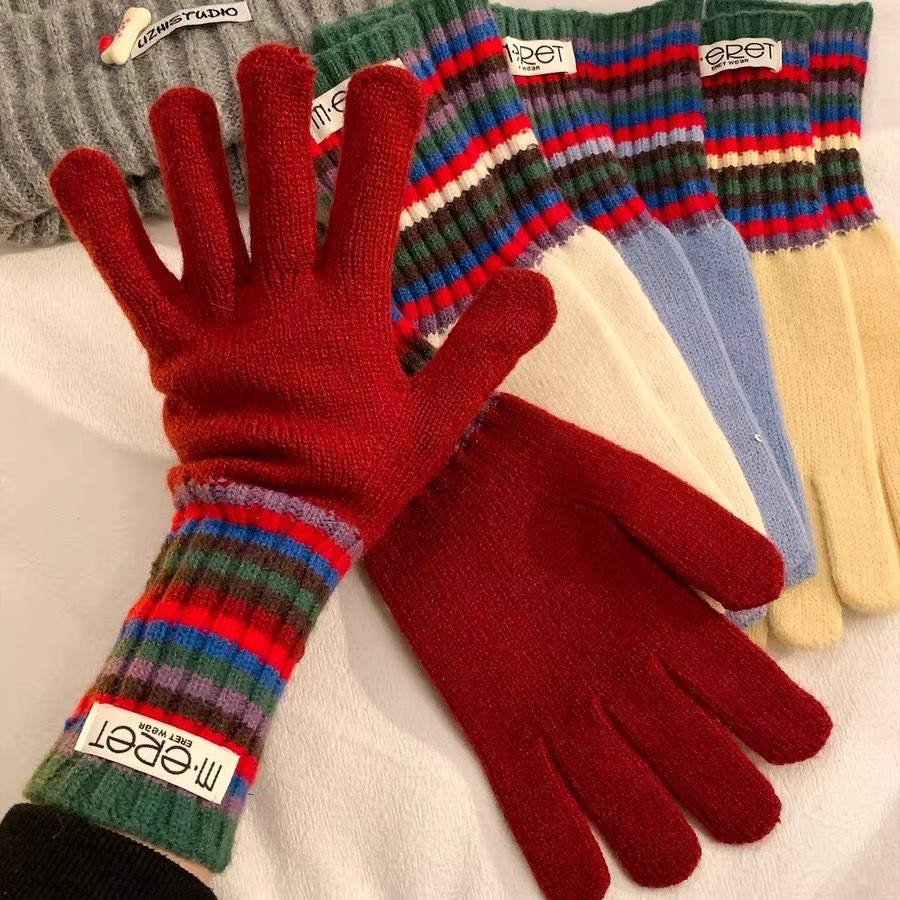 Korean Style Colorfulful Stripesd Long Knitted Wool Gloves for Women in Winter Thickeneded Cold-Proof Cycling Windproof Touch Screen Warm