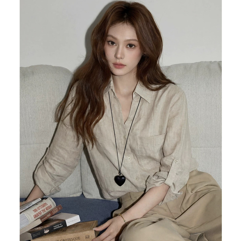 Gentle and Relaxed Linen Khaki Shirt for Women, Early Spring Loose-Fitting Korean-Style Design Shirt, Versatile Top Gentle and Relaxed Linen Khaki Shirt for Women, Early Spring Loose-Fitting Korean-Style Design Shirt, Versatile Top
