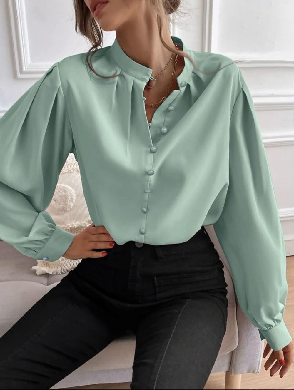 En stock transfronteriza europea y americana 2023 Amazon camisa de las mujeres populares semi-abierto cuello de color sólido suelta de manga larga elegante image 8