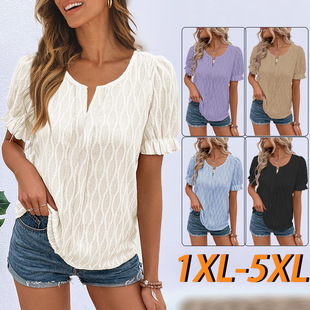 European and American Cross-Border Amazon 2026 Spring and Summer New V-Neck T-Shirt with Puff Sleeves and Jacquard Pattern, Women's Casual Loose Short-Sleeved Top