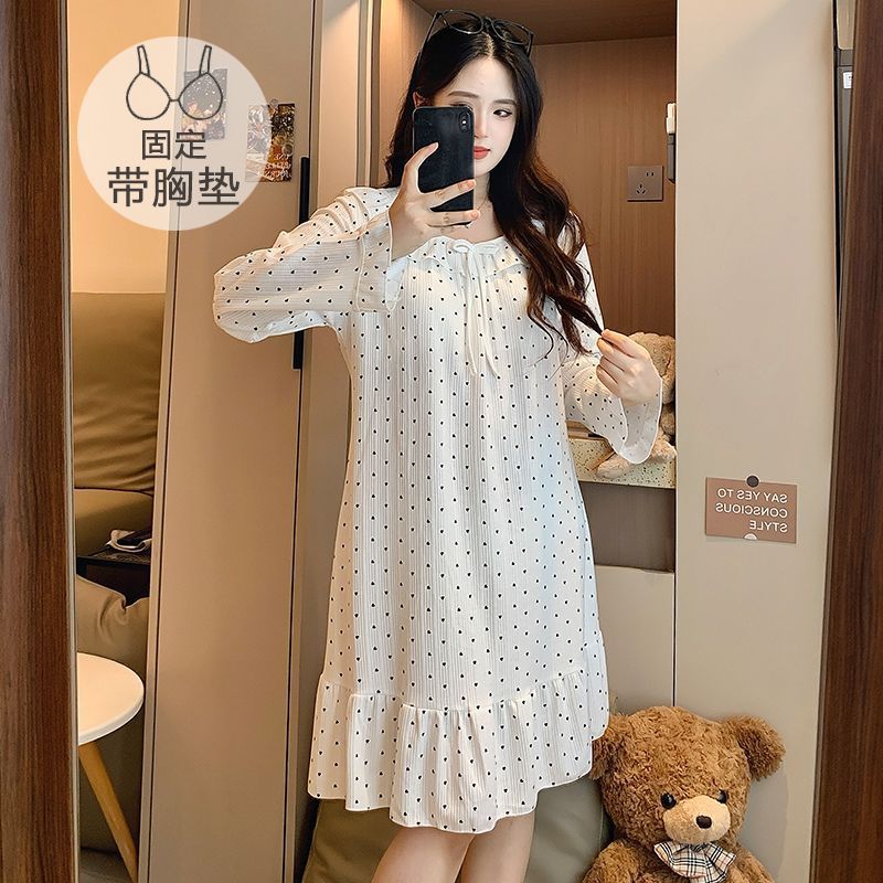 带胸垫睡衣女春秋季新款韩版甜美ins风棉质长袖睡裙家居服可爱穿|undefined