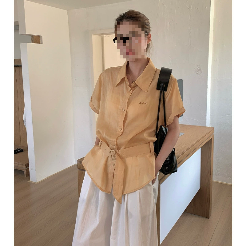 YS8 Real Shot Tencel Ramie Корейский стиль с вышивкой для похудения, пояс на шнуровке, рубашка с короткими рукавами, дизайнерский нишевый топ