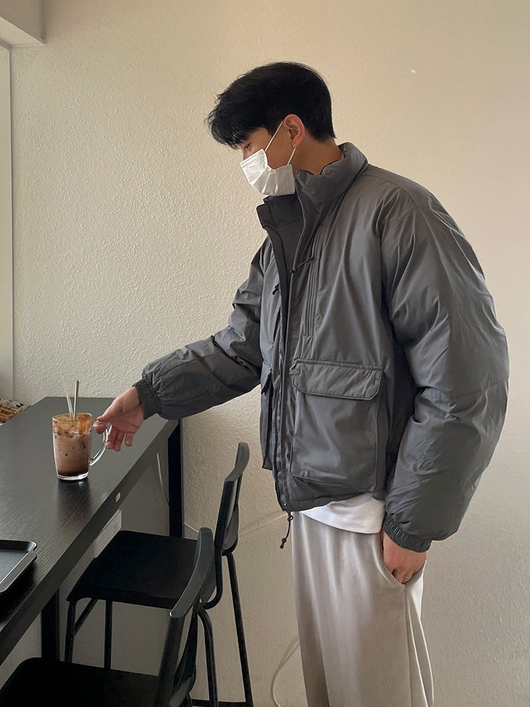 MYQ estilo japonés ropa de trabajo collar de pie abrigo de algodón acolchado abrigo de invierno de los Hombres estilo coreano suelta cálida chaqueta engrosada abrigo de algodón acolchado