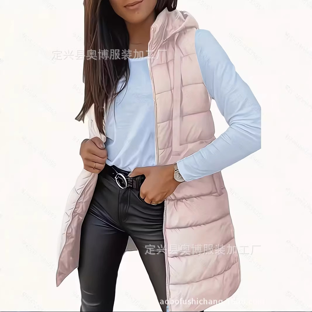 Amazon chaleco de algodón con cremallera encapuchado de color sólido explotó Europa y América nuevo chaleco de mujer largo chaleco de algodón image 6