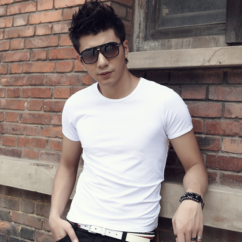 Men's Short-sleeved T-shirt Solid Color All-match Summer Half-sleeved T-shirt Trendy Black and White Round Neck Top Clothes Base Shirt Men's Clothing