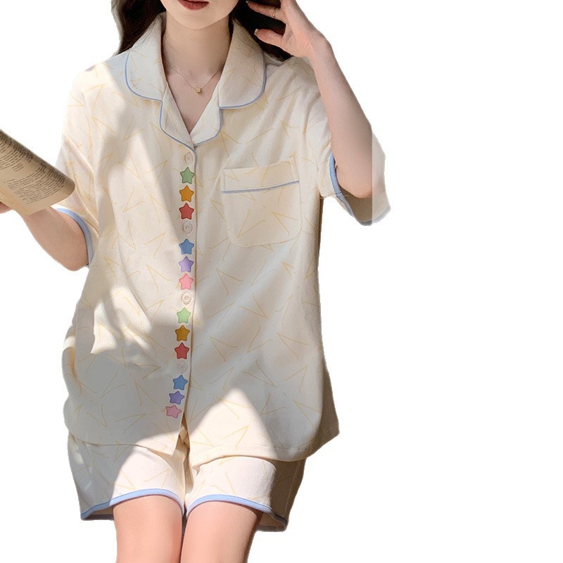 胸パッド付き女性用夏用パジャマ 2025 新しい半袖スイートスターカーディガン夏薄いホームウェアセット|undefined