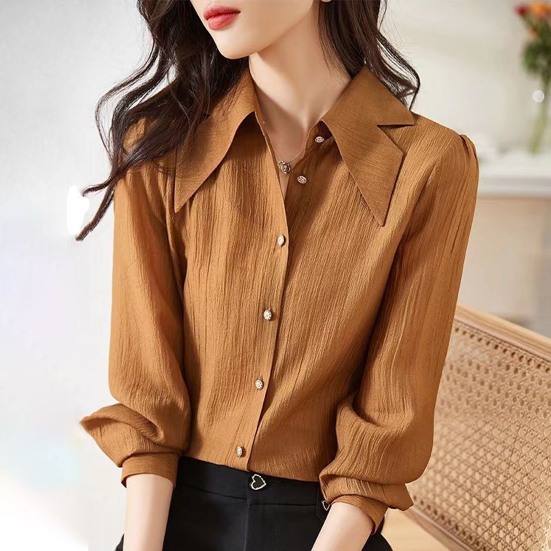 Autumn New Korean Style Fashionable Irregular Design Heavy Button Vertical Pattern Fabric Shirt for Women