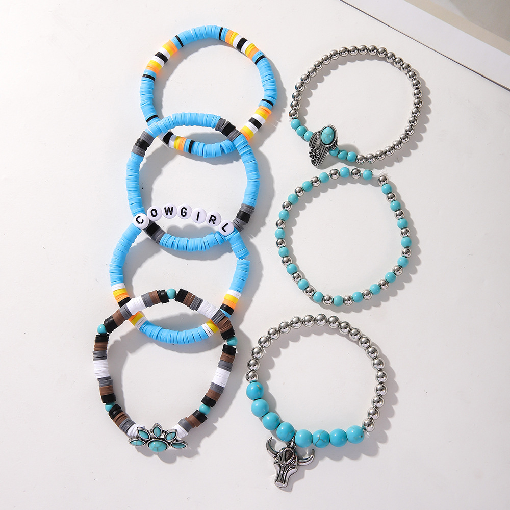 49g Weight Alloy Pendant Material Bracelets Classification Beaded, Turquoise Chain Material 1 Set Quantity Daily Occasion Beaded, Alloy, turquoise Material Cross, Cattle, Boots Pattern Women's Gender Retro Style Retro Cross Cattle Boots Beaded Alloy Turquoise  Beaded Bracelets Wholesale 2
