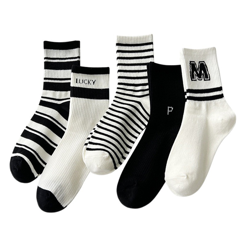 Calcetines de primavera, Otoño e Invierno calcetines de mujer a media pierna de mujer de color sólido calcetines de algodón a rayas en blanco y negro calcetines de algodón casuales deportivos