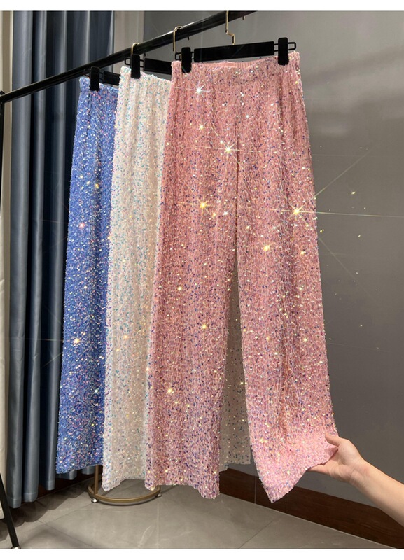 Autumn and Winter New Korean Velvet Sequin Wide Leg Pants Long Dose Slimming Mop Pants Shiny Casual Straight Pants for Women Autumn and Winter New Korean Velvet Sequin Wide Leg Pants Long Dose Slimming Mop Pants Shiny Casual Straight Pants for Women