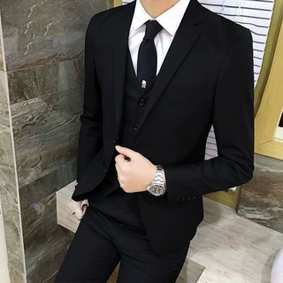 黑色简约修身透气男士商务西装现货经典时尚马甲背心职业西服套装