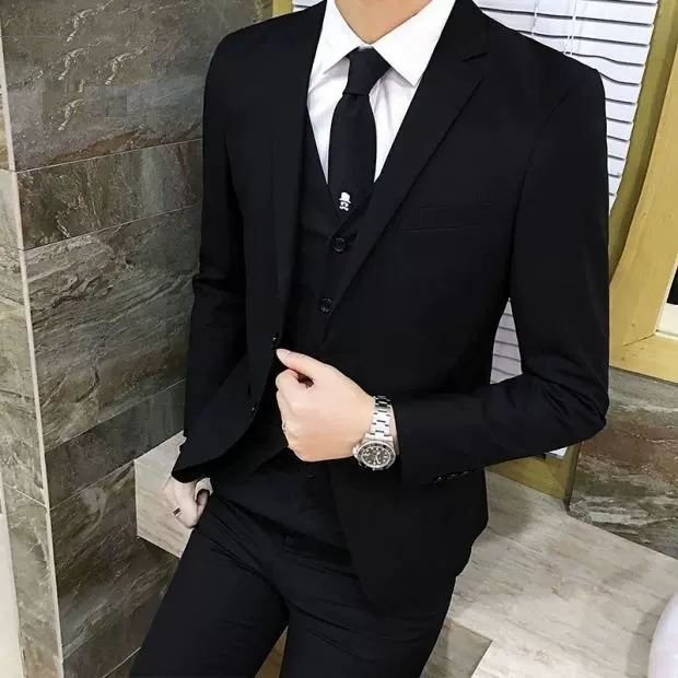 黑色简约修身透气男士商务西装现货经典时尚马甲背心职业西服套装