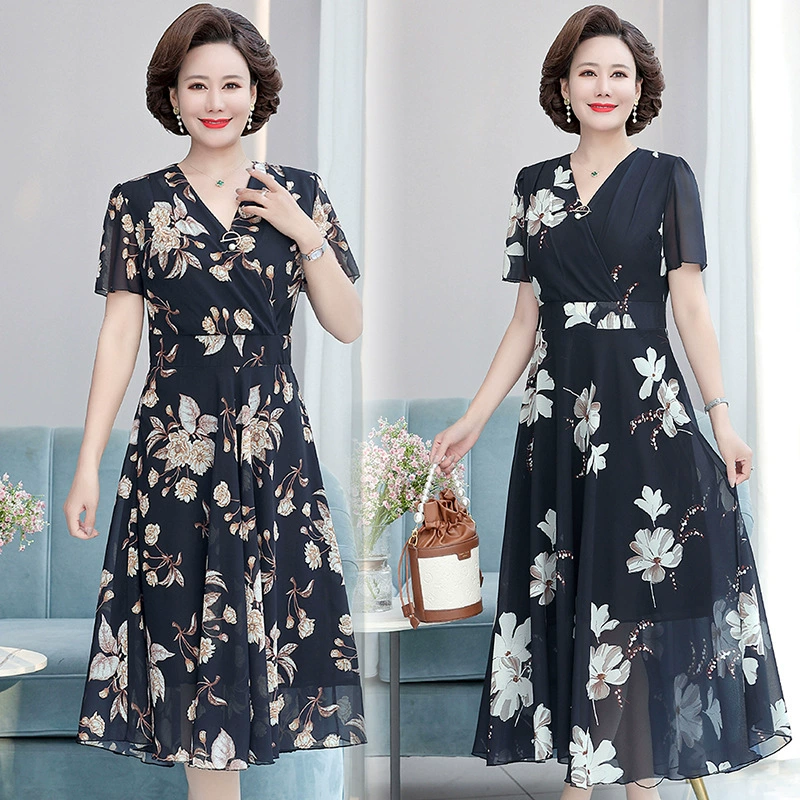 Модная длинная юбка из шифона с цветочным принтом, платье для мам среднего и пожилого возраста, новинка 2025 года, тонкая модная юбка с цветочным принтом