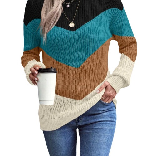 Oriental and Western Spring and Autumn Color Collision Sweater, Striped Loose Casual Women's Knitted Top