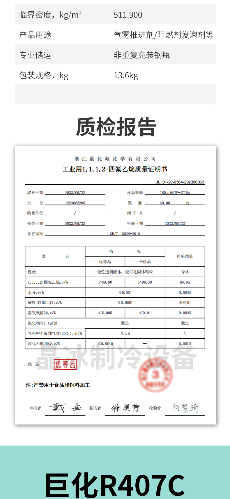 Original Juhua R134a Refrigerant, Car Air Conditioning Refrigerant, Freon, Water-cooled Screw Compressor Refrigerant 13.6kg