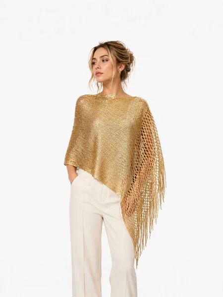 2026 Spring/Summer European and American Cross-Border Gold and Silver Thread Mesh Tassel Hollow Knit Shawl for Women, Fashionable Outerwear for Evening Parties