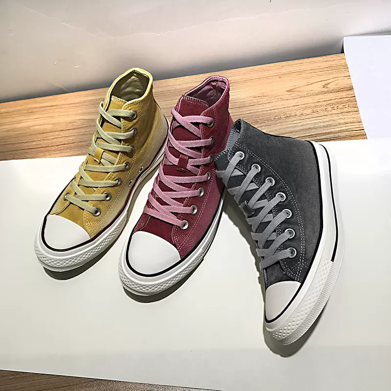 新款复古渐变色帆布鞋高帮板鞋学院风女式休闲单鞋运动鞋