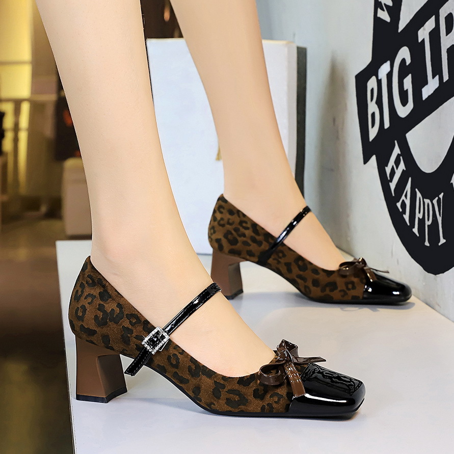 5296-H81 Leopard Print Color Block Mary Jane With Bowknot, Rhinestones, Square Toe, Suede, Shallow Mouth, Chunky Heel_vogvips.com
