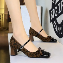 5296-H81 leopard print color blocked Mary Jane shoes with bow, rhinestone, straight button, square toe, suede, light mouth, coarse, single order shoes