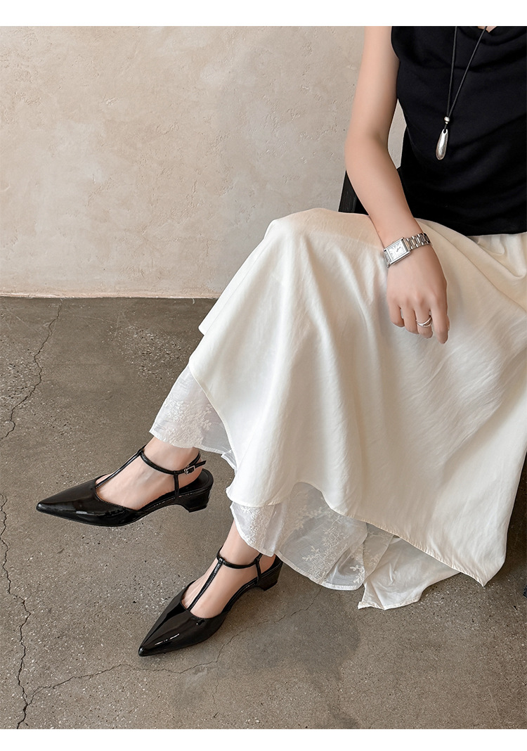 Sandal nữ mũi nhọn da bò sơn mài quai T khóa, gót 4.5 cm, phong cách Hàn Quốc — đen chi tiết 36