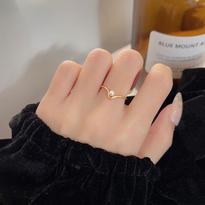 French Vintage Ins Open Index Finger Women's Summer New Simple V-shaped Design Pearl Ring