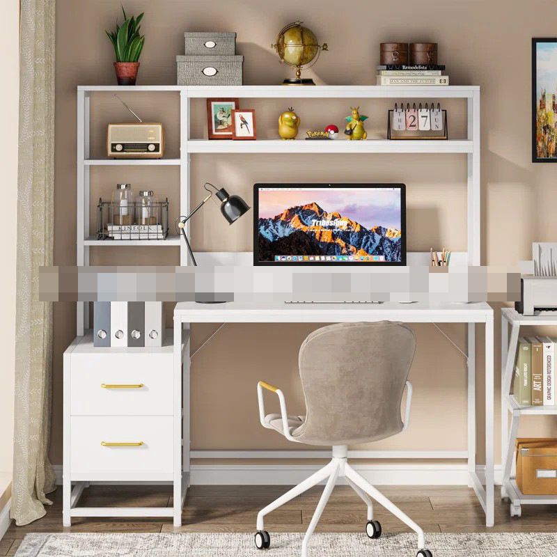 Iron Wood Structure Computer Desk Multifunctional Desk Casual White Office Desk with 2 Wooden Drawers and High Storage Rack