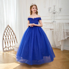 跨境童装儿童礼服花童婚纱女童一字肩灰姑娘公主裙主持蓬蓬纱长裙
