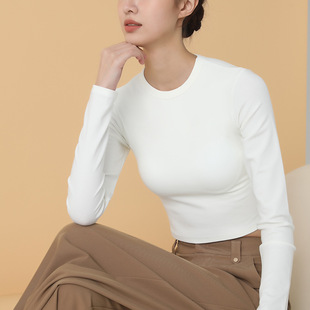 Small round neck long-sleeved T-shirt for women 2023 autumn new slim-fit navel suit inner top shoulder solid color bottoming shirt