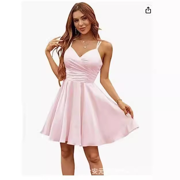Amazon AliExpress Independent Station Foreign Trade Thin Shoulder Strap Satin Homecoming Dress Short V-Neck Short Pleated Dress