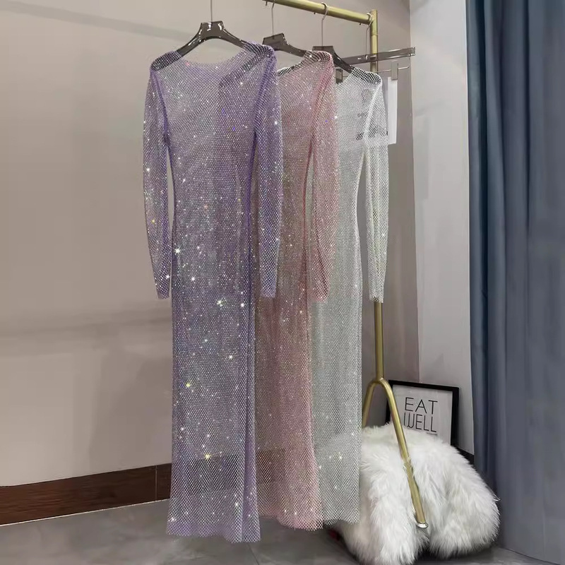 Shiny rhinestone mesh perspective dress long sleeve round neck hollow side split dress sexy beach breathable