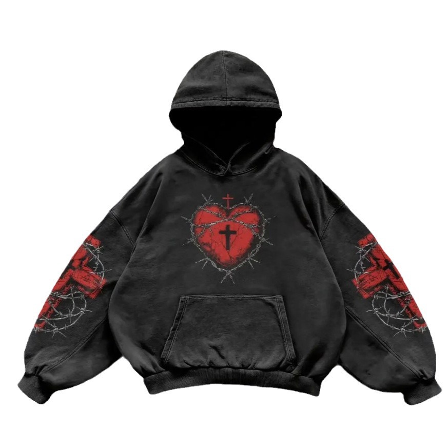 Men's Clothing Fashion Loose Pullover Cross Heart Print Side Pocket Hooded Sweatshirt_voghion.com