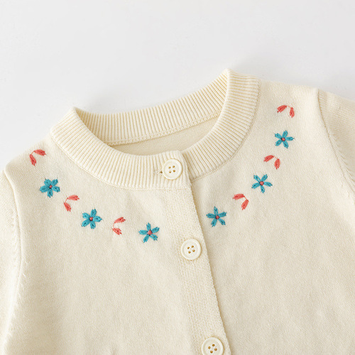 Children's cardigan coat, girls 'thin sweater, pure cotton thread embroidery, Korean round neck, baby spring and autumn outer sweater